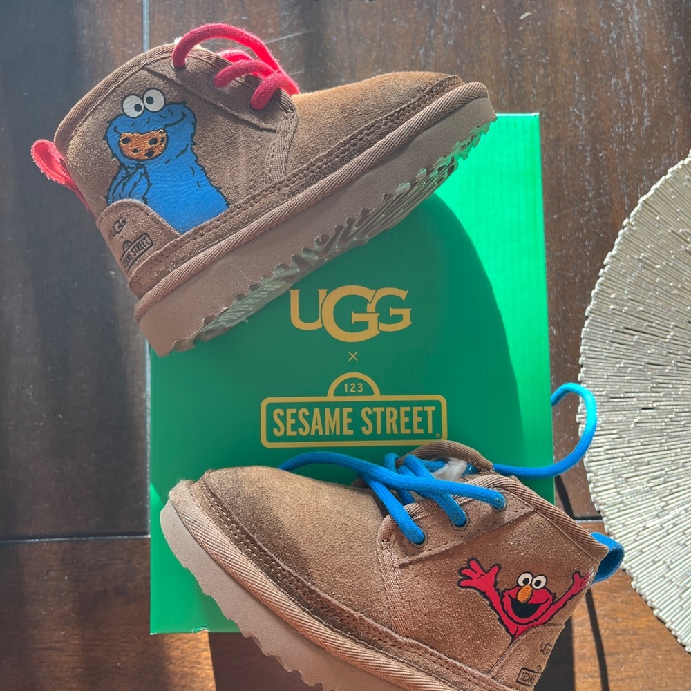 UGG Tan Boots with Bright Red Laces and Playful Sesame Street Design
